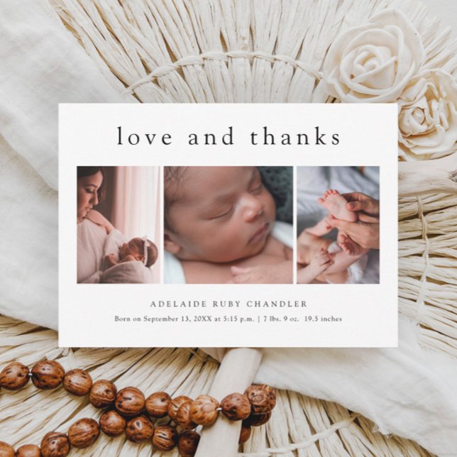 Kärlek och Tacksamhet Minimal 3 Foto Collage Ny Be Tack Kort (Simple typographic love and thanks 3 photo birth announcement baby thank you card.)