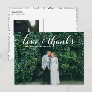 Kärlek och Tacksamhet Whimsical Script Foto Bröllo Vykort