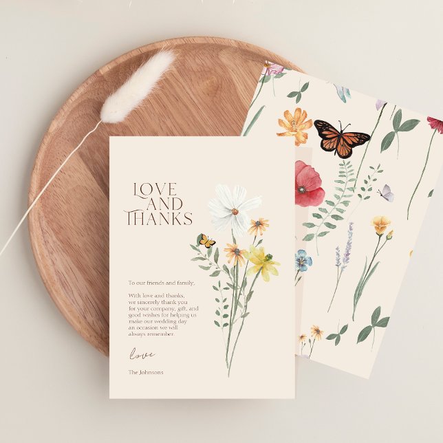 Kärlek Och Tacksamhet Whimsical Vildblomma Bröllop Tack Kort (Whimsical Daisy Yellow Wildflower Love And Thanks Thank You Card)