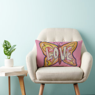 Kärlek Ord art Rosa Butterfly Accent Dekorativ kud Lumbarkudde