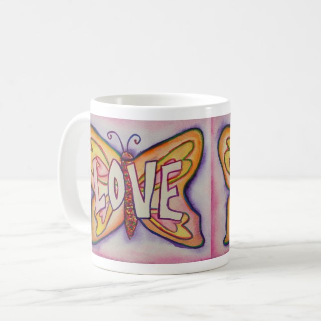 Kärlek Ord art Rosa Butterfly Vingar Coffee Mugg (Framsida vänster)
