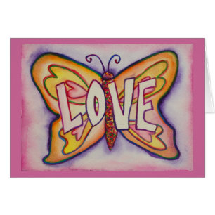 Kärlek Ord Rosa Butterfly Hälsning eller Note Card Hälsningskort