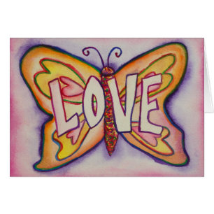 Kärlek Ord Rosa Butterfly Hälsning eller Note Card Hälsningskort