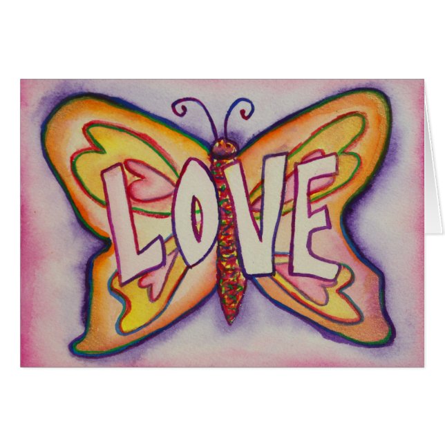 Kärlek Ord Rosa Butterfly Hälsning eller Note Card Hälsningskort (Framsidan Horizontal)