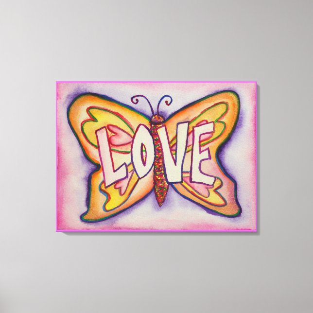 Kärlek Ord Rosa Butterfly Painting Canvas Artwork (Framsida)
