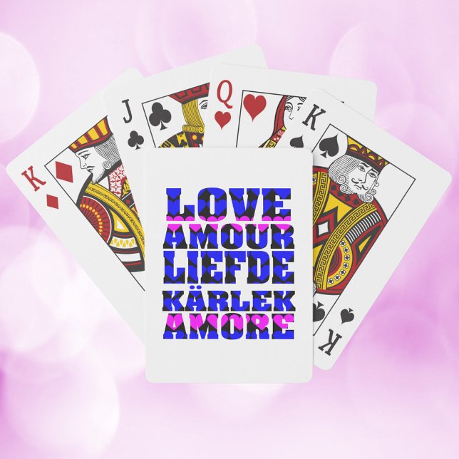 Kärlek på främmande språk Hearts Blue Rosa Casinokort (A deck of playing cards that says love in a variety of languages on the back with pink & blue hearts)