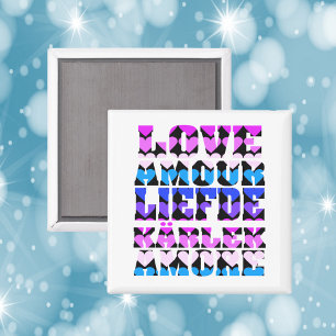 Kärlek på många språk Hearts Rosa Blue Lila Magnet