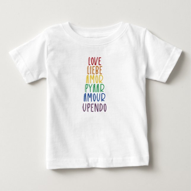 Kärlek på många språk Regnbåge Pride Baby T-Shirt (Framsida)