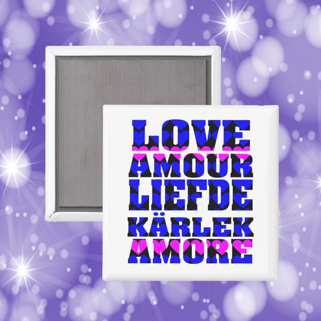 Kärlek på många språk Rosa Blue Hearts Magnet (A magnet that says love in a variety of languages with a pink and blue heart pattern)