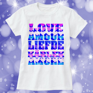 Kärlek på många språk Rosa Lila Blue T Shirt