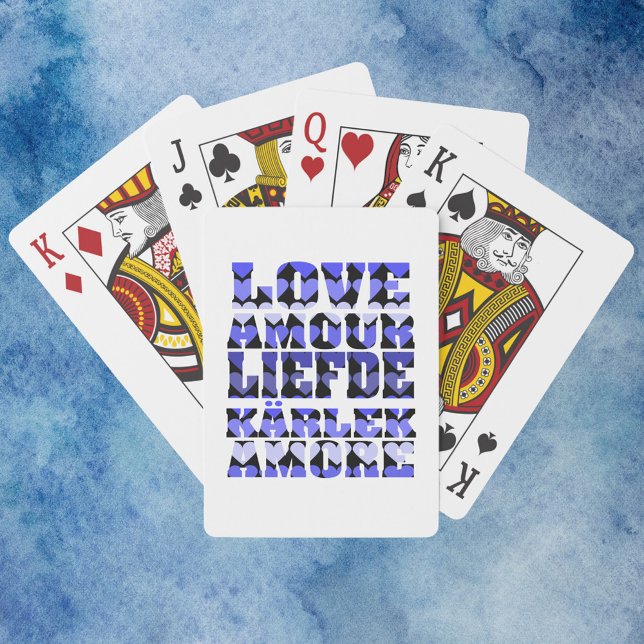 Kärlek på olika språk Hearts Blue Casinokort (A deck of playing cards that says love in a pattern of blue hearts.)
