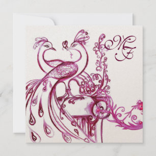 KÄRLEK PÅFÅGLAR MONOGRAM Rosa Vita Bröllopsinbjudn Inbjudningar