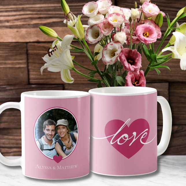 KÄRLEK Par Foto Mugg (love couples photo mug for valentines day gift for wedding anniversary, pink hearts calligraphy)