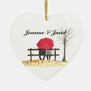 Kärlek par med röda paraplyornament julgransprydnad keramik