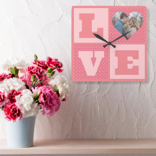 Kärlek par Photo Rosa Hearts Mönster Valentineser Fyrkantig Klocka