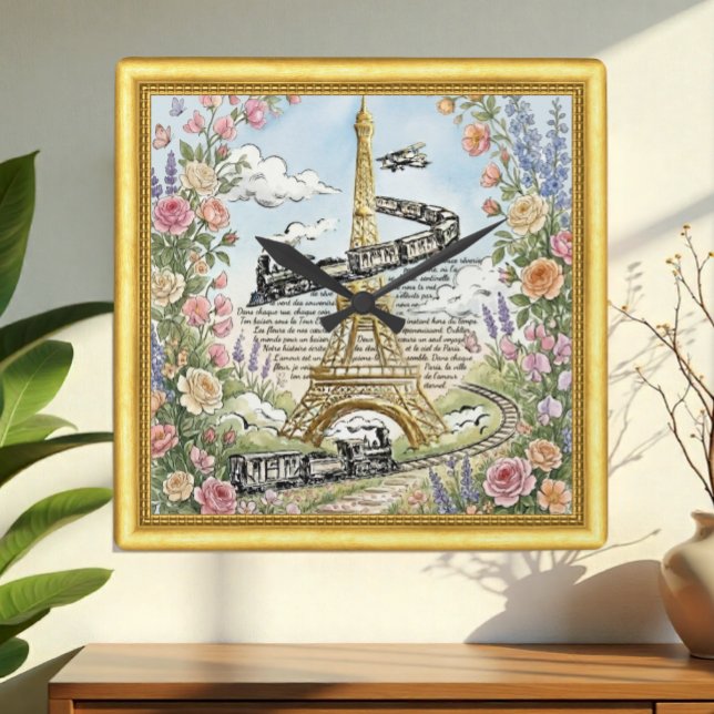 Kärlek Paris klocka, Eiffeltornet, fransk konst Fyrkantig Klocka (Paris, Eiffel Towel & Dreamy French Art Clock / Romantic)