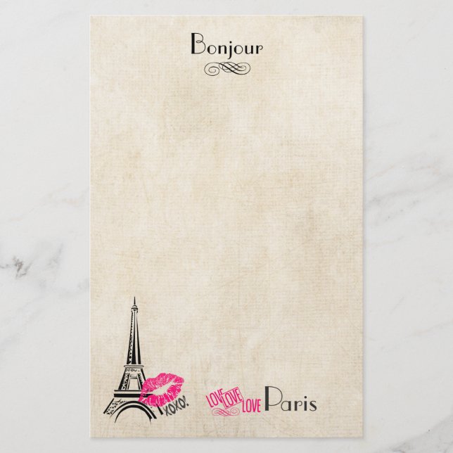 Kärlek Paris med Eiffel Torn om Parchment Struktur Brevpapper (Framsida)
