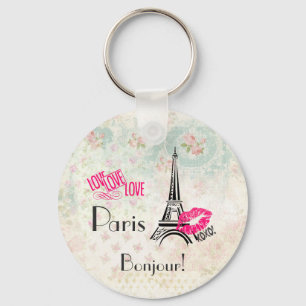 Kärlek Paris med Eiffel Torn på Vintage Mönster Nyckelring