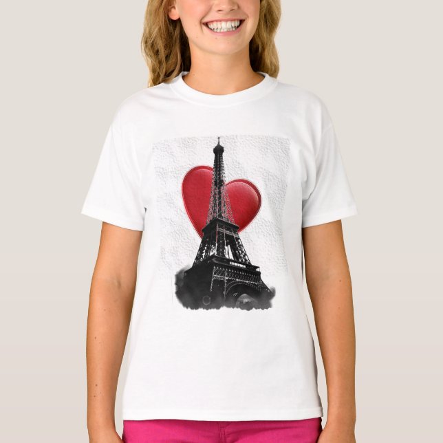Kärlek Paris Red Heart Eiffel Torn T Shirt (Framsida)