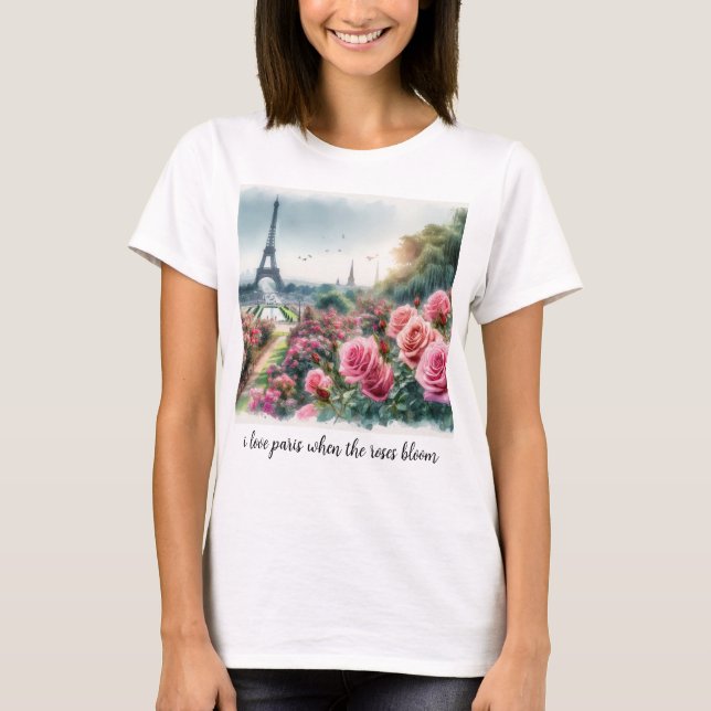 Kärlek Paris Rosa ros Blommigt T-Shirt (Framsida)