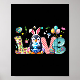 Kärlek Påskhare Penguin Hunting Eggs Flowers Col Poster