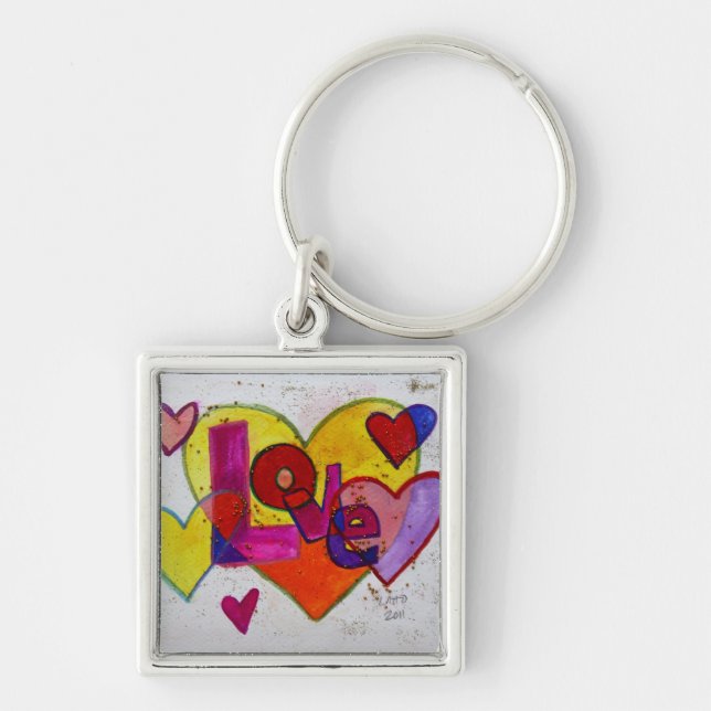 Kärlek Patchwork Hearts Glitter Painting Keychain  Fyrkantig Silverfärgad Nyckelring (Framsidan)