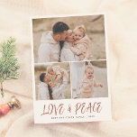 Kärlek & Peace 3 Photo Collage jul Helgdag Julkort<br><div class="desc">Modern kärlek och fredshandling, helgdag julkort. En boho-design med tre foton som du själv väljer i en enkel kollagelayout. Det finns ett stort foto längst upp på vågrät med två mindre foton bredvid varandra nedan. Under detta står "kärlek & peace" skrivet i huvudstäderna för handskriften stil i ett vackert terracotta...</div>