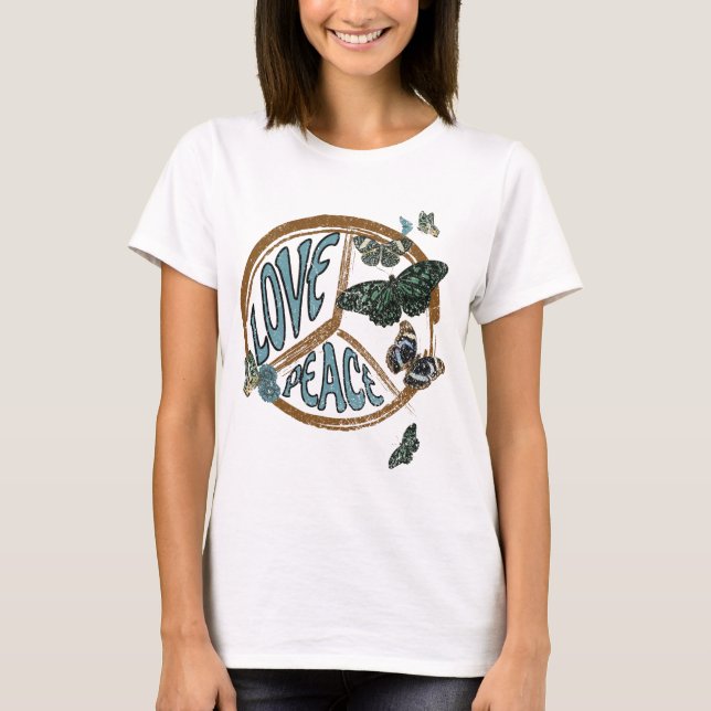 Kärlek Peace Butterflies Vintage Summer Hippie T Shirt (Framsida)