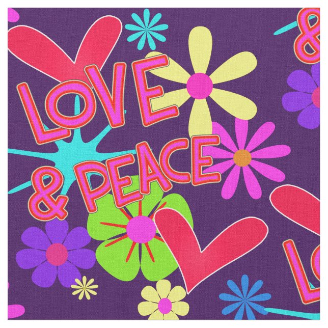Kärlek & Peace Colororroful Flower Power Retro Sti Tyg (Närbild)