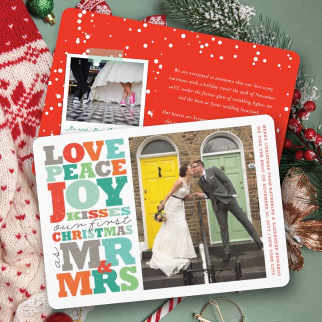 Kärlek Peace Joy Kisses Mr. & Mrs. 1:a julfoto Julkort (Love Peace Joy Kisses Colorful Bold Typography Mr & Mrs 1st Christmas Photo Holiday Card by fatfatin)