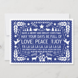 Kärlek Peace, Joy papel picado blue jul Julkort