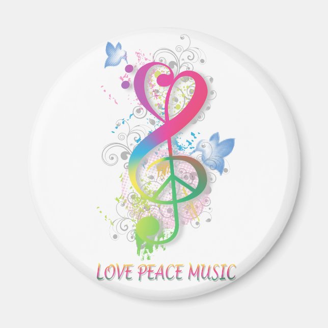 Kärlek Peace Music Splatter snurrar blommfåglar Magnet (Framsidan)