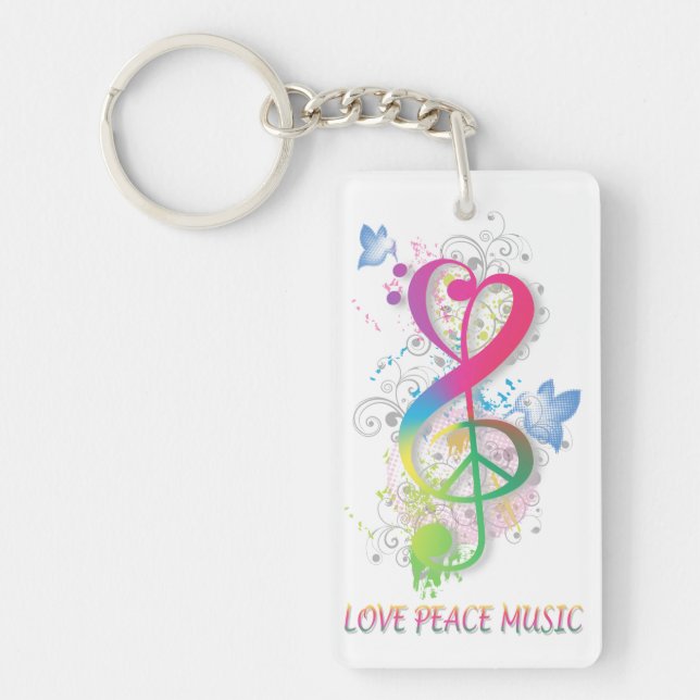 Kärlek Peace Music Splatter snurrar blommfåglar Nyckelring (Framsidan)