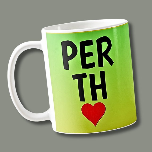 Kärlek PERTH (eller din text) Hjärta på Grönt Guld Kaffemugg (Skapare uppladdad)
