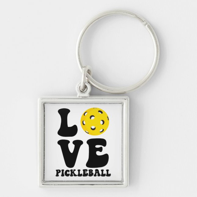 Kärlek Pickleball Retro Fyrkantig Silverfärgad Nyckelring (Framsidan)