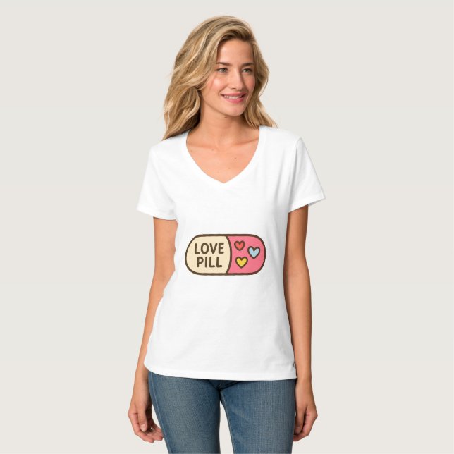 Kärlek Pill Tecknad Sticker - Cute Capsule med öra T Shirt (Hel framsida)