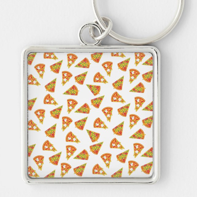 Kärlek Pizza Fyrkantig Silverfärgad Nyckelring (Framsidan)