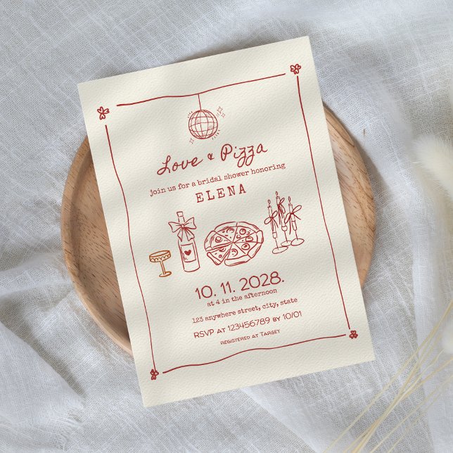 Kärlek & Pizza Hand plockade Red Möhippa Inbjudningar (Love & Pizza Hand Drawn Red Bridal Shower Invitation Pizza Party Aesthetic )
