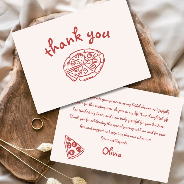 Kärlek & Pizza Italienskt Handritat Rött Bröllopsd Tack Kort (Skapare uppladdad)