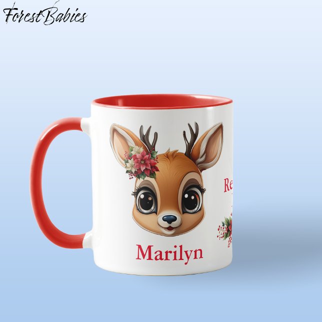 Kärlek, Poinsettia Blommigt Hjort, Fawn, Doe 🦌 Mugg (Custom Deer, Floral Fawn, Doe Antler, Reindeer Love Poinsettia Flowers Red ForestBabies Mug 🦌🎄)