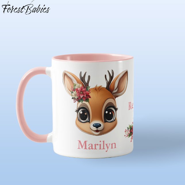Kärlek, Poinsettia Flower Hjort, Fawn, Doe 🦌 Mugg (Custom Deer, Floral Fawn, Doe Antler, Reindeer Love Poinsettia Flowers Pink ForestBabies Mug 🦌🎄)
