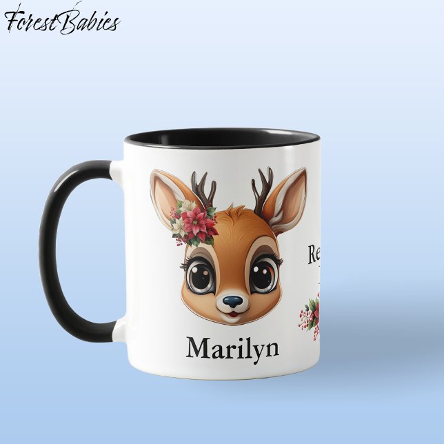 Kärlek, Poinsettia Hjort, Fawn, Blommigt Doe 🦌 Mugg (Custom Deer, Floral Fawn, Doe Antler, Reindeer Love Poinsettia Flowers Black ForestBabies Mug 🦌🎄)