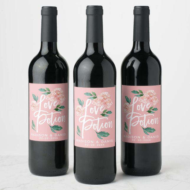 Kärlek Potion Rosabruna Blommig Personlig Vinflaska Etikett (Flaskor)