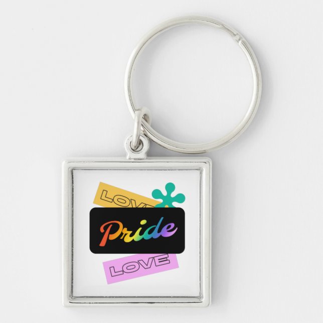 Kärlek pride kärlek. HBT+pride.    RegnbågeNyckelk Fyrkantig Silverfärgad Nyckelring (Framsidan)