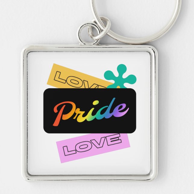 Kärlek pride kärlek. HBT+pride. Regnbågslangkedja Fyrkantig Silverfärgad Nyckelring (Framsidan)