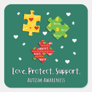 Kärlek Protect Support Autism Awareness Puzzles Fyrkantigt Klistermärke