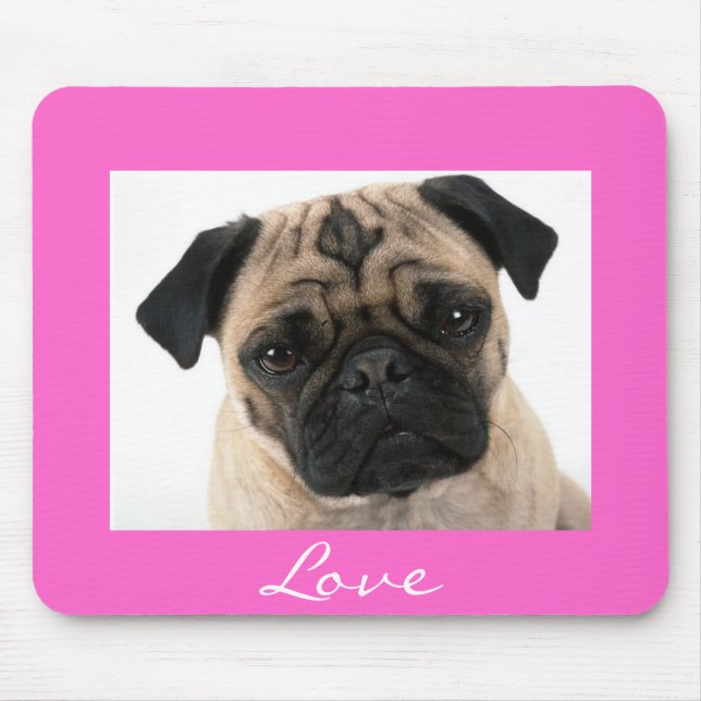 Kärlek pug Puppy Hund Porträtt Rosa Mousepad Musmatta (Framsidan)