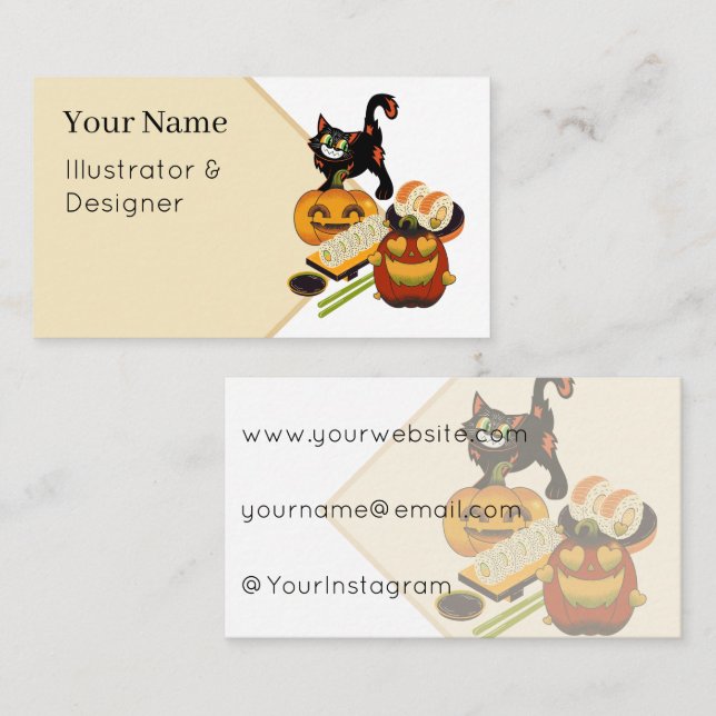 Kärlek Pumpa & Snugga Svarta Katt Halloween Sushi Visitkort (Fram/baksida)