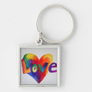 Kärlek Rainbow Heart Art Ord Painting Keychain Fyrkantig Silverfärgad Nyckelring