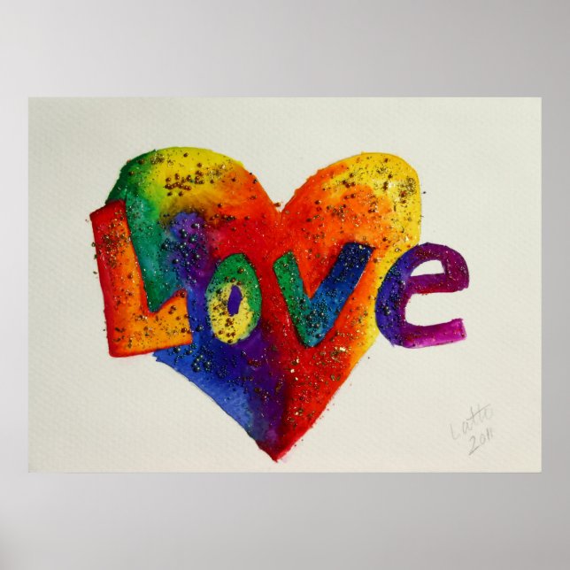 Kärlek Rainbow Heart Glitter Painting Poster Skriv (Framsidan)